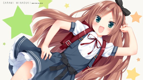 Anime picture 1920x1080 with original minazuki sarami peko single long hair blush highres open mouth simple background brown hair wide image green eyes loli character names pink background girl uniform bow hair bow school uniform