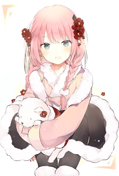 Anime picture 720x1067 with original lpip single long hair tall image looking at viewer blush fringe open mouth blue eyes simple background white background pink hair braid (braids) hair flower fur trim twin braids girl flower (flowers) earrings