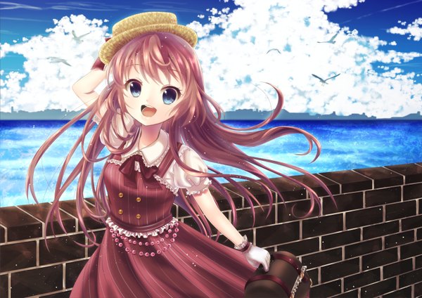Anime picture 1500x1060 with original aliceword single long hair looking at viewer open mouth blue eyes smile sky purple hair cloud (clouds) happy arms behind head girl dress hat animal water white gloves sea
