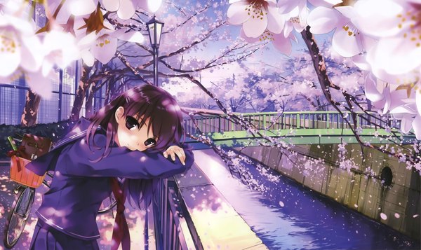 Anime picture 4580x2728 with original misaki kurehito single long hair looking at viewer highres wide image purple eyes absurdres sky purple hair outdoors head tilt sunlight leaning leaning forward cherry blossoms reflection girl uniform