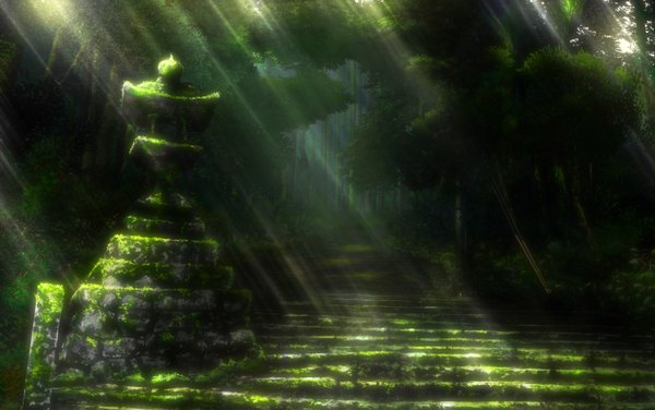 Anime picture 1681x1054 with original tokuninashi (uorat) outdoors sunlight no people landscape sunbeam nature dust tree (trees) forest stairs pole moss