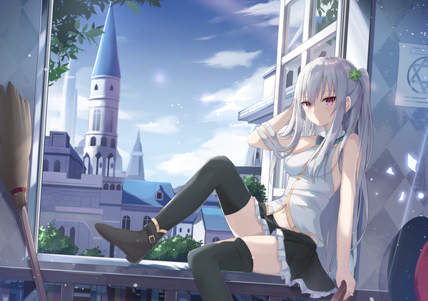 Anime picture 2006x1416 with original touhourh single long hair looking at viewer fringe highres breasts hair between eyes red eyes sitting bare shoulders holding payot sky silver hair cloud (clouds) bent knee (knees) indoors arm up