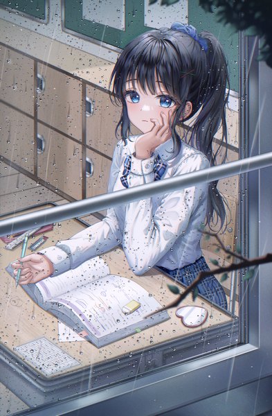 Anime picture 2950x4500 with original bobmond single long hair tall image looking at viewer blush fringe highres blue eyes black hair sitting holding payot ponytail indoors blunt bangs long sleeves fingernails from above