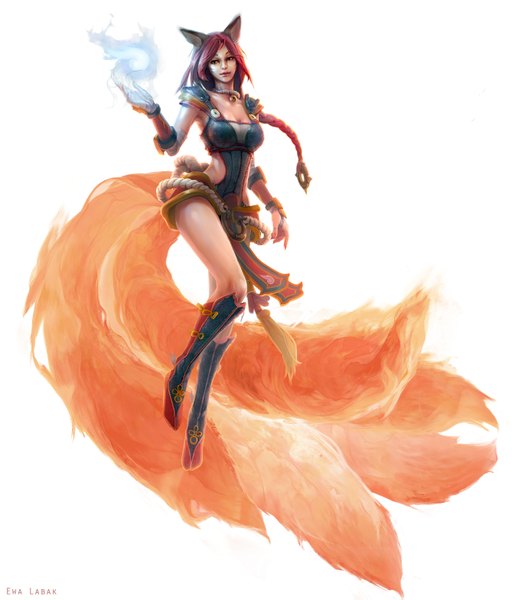 Anime picture 1338x1567 with league of legends ahri (league of legends) ewalabak single long hair tall image breasts light erotic simple background large breasts white background signed animal ears red hair tail braid (braids) animal tail fingernails orange eyes fox ears