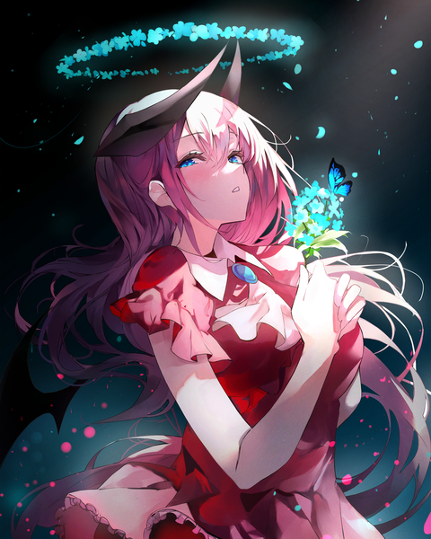 Anime picture 2400x3000 with original w (w64851564) single long hair tall image fringe highres blue eyes hair between eyes holding pink hair upper body horn (horns) girl flower (flowers) insect butterfly halo ascot