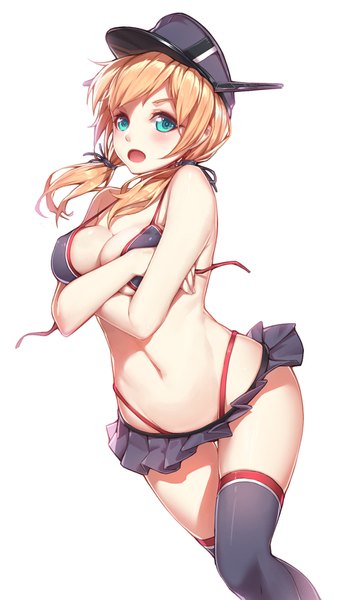 Anime picture 1044x1800 with kantai collection prinz eugen (kantai collection) nian (zhanian) single long hair tall image looking at viewer blush fringe breasts open mouth light erotic simple background blonde hair hair between eyes large breasts standing twintails cleavage aqua eyes