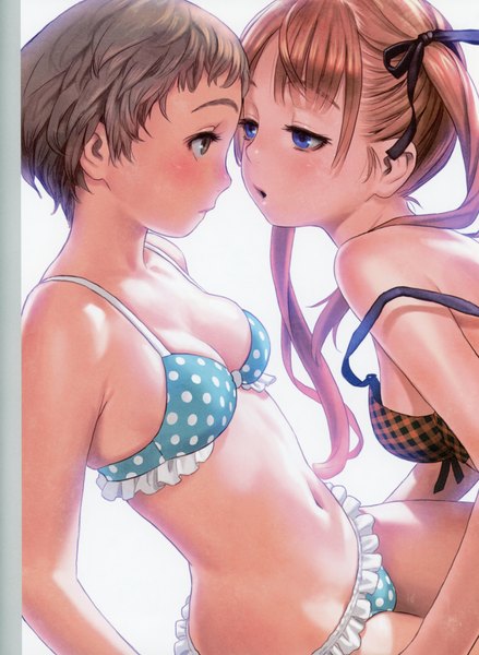 Anime picture 5092x6966 with futurelog (artbook) range murata long hair tall image highres short hair breasts blue eyes light erotic brown hair twintails multiple girls brown eyes absurdres parted lips grey hair scan skindentation shoujo ai strap slip