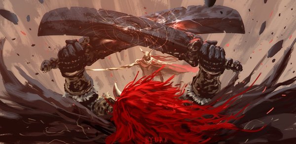 Anime picture 1200x583 with elden ring malenia blade of miquella starscourge radahn xuchaoyuan long hair wide image holding signed red hair from above arms up siblings fighting stance dual wielding brother and sister crossed swords girl boy weapon sword