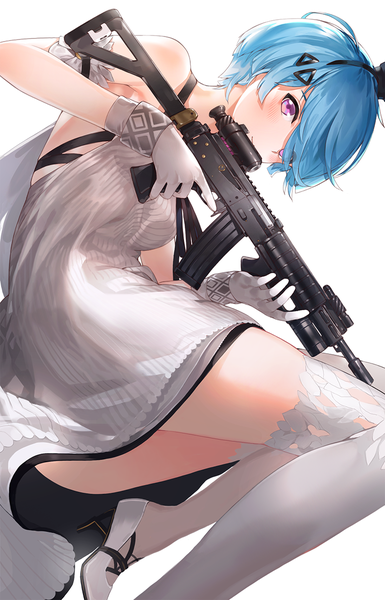 Anime picture 761x1184 with girls frontline zas m21 (girls frontline) kfr single tall image looking at viewer blush fringe short hair light erotic simple background smile white background purple eyes holding hair over one eye aqua hair high heels trigger discipline girl