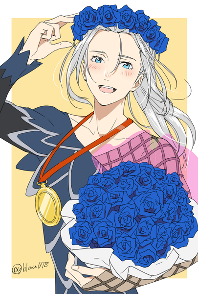 Anime picture 1389x2056 with yuri!!! on ice mappa viktor nikiforov natsuko (bluecandy) single long hair tall image looking at viewer blush open mouth blue eyes simple background silver hair ponytail hand on head yellow background alternate age younger boy flower (flowers)