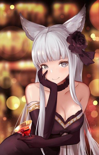 Anime picture 1316x2048 with granblue fantasy korwa (granblue fantasy) ramuda (guilty931) single long hair tall image looking at viewer blush breasts smile bare shoulders animal ears cleavage silver hair hair flower blurry grey eyes leaning leaning forward shiny skin