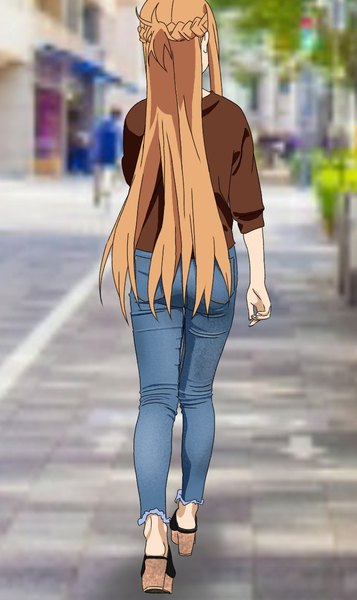 Anime picture 714x1200 with sword art online a-1 pictures yuuki asuna mr trace mosha single long hair tall image brown hair payot full body outdoors braid (braids) blurry high heels half updo walking casual photo background girl sandals