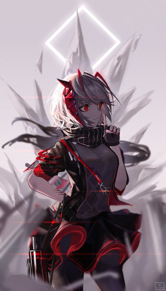 Anime picture 2520x4396 with arknights w (arknights) yuan long (artist) single tall image fringe highres short hair red eyes standing signed looking away silver hair nail polish pleated skirt horn (horns) wind blurry open jacket character names