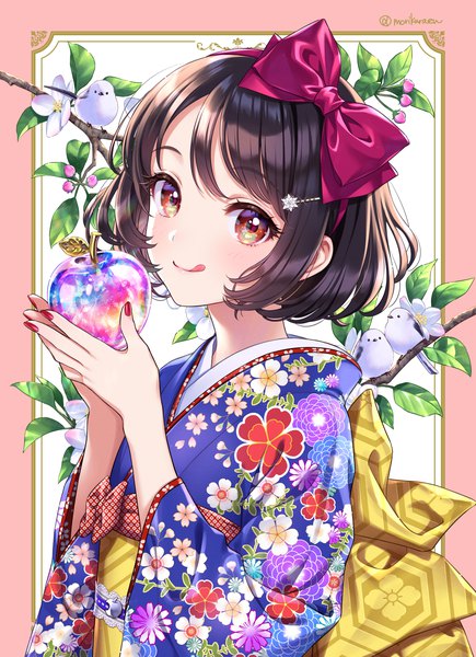 Anime picture 1240x1712 with snow white and the seven dwarfs original snow white morikura en single tall image looking at viewer blush fringe short hair black hair smile holding brown eyes signed upper body nail polish traditional clothes japanese clothes wide sleeves