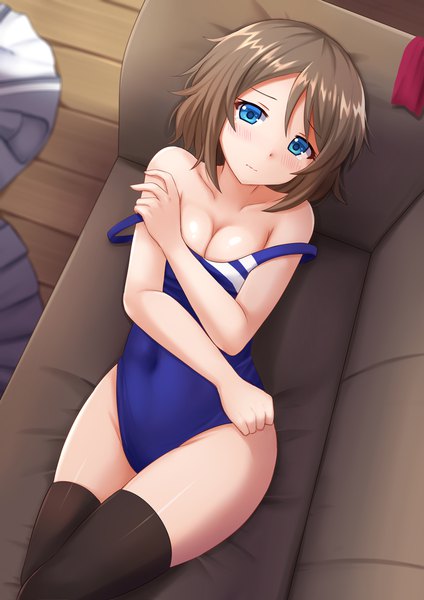 Anime picture 1200x1697 with love live! sunshine!! sunrise (studio) love live! watanabe you kazenokaze single tall image looking at viewer blush short hair breasts blue eyes light erotic brown hair girl thighhighs black thighhighs swimsuit one-piece swimsuit couch