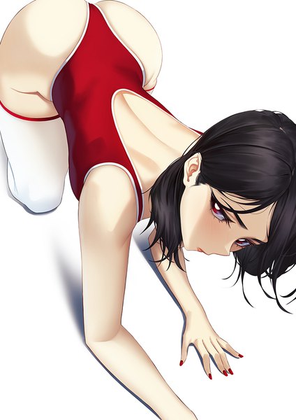 Anime picture 771x1090 with original blueorca single long hair tall image looking at viewer blush fringe light erotic black hair simple background red eyes white background ass nail polish fingernails from above on all fours girl thighhighs