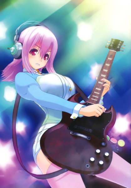 Anime picture 4860x6970 with nitroplus super sonico tsuji santa single long hair tall image highres light erotic red eyes pink hair absurdres girl thighhighs shorts headphones guitar white shorts