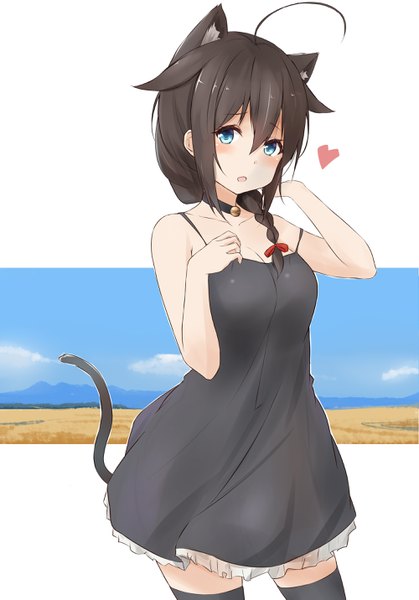 Anime picture 2000x2862 with kantai collection shigure destroyer saku (kudrove) single long hair tall image blush fringe highres open mouth blue eyes hair between eyes brown hair standing white background animal ears payot sky cloud (clouds) ahoge