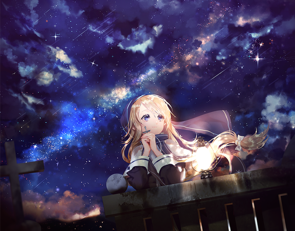 Anime picture 1114x874 with original say hana single long hair blue eyes blonde hair holding looking away cloud (clouds) wind night night sky hands clasped nun girl ribbon (ribbons) hair ribbon star (stars) cross lamp