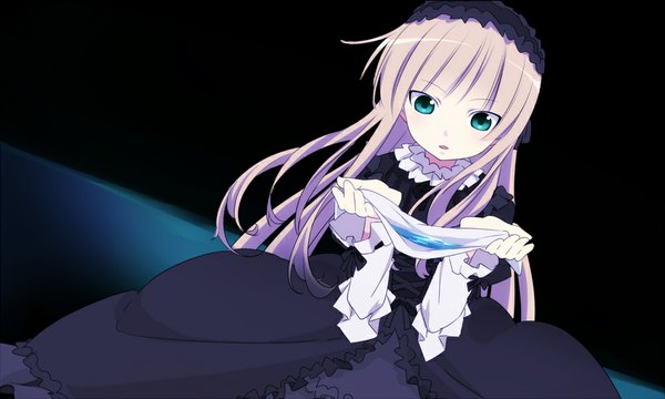 Anime picture 1000x600 with gosick studio bones victorique de blois sama (artist) single long hair blue eyes blonde hair wide image loli dark background girl dress