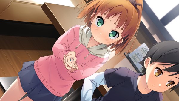 Anime picture 1920x1080 with your diary nagamine tomoki minagawa yuuhi kantoku blush highres short hair black hair wide image green eyes game cg orange hair orange eyes boy child (children)