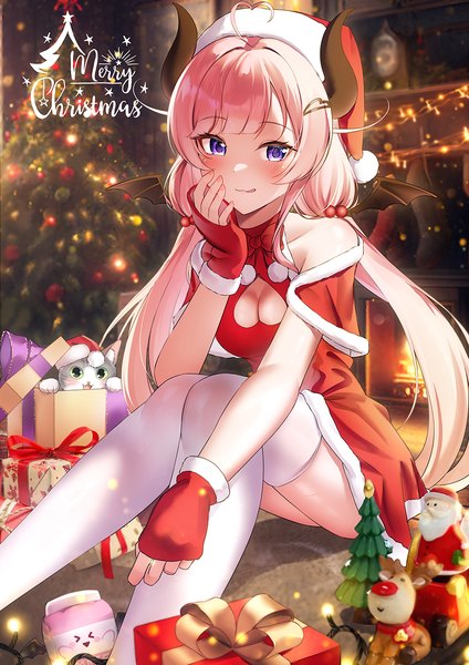 Anime picture 905x1280 with original shirosaba single long hair tall image looking at viewer breasts light erotic sitting purple eyes twintails pink hair cleavage ahoge indoors horn (horns) low twintails christmas demon girl cleavage cutout