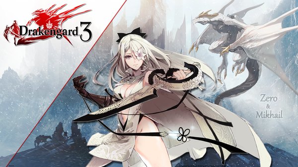 Аниме картинка 1920x1080 с drakengard zero (drag-on dragoon) kvacm один (одна) длинные волосы смотрит на зрителя высокое разрешение грудь широкое изображение стоя фиолетовые глаза держать декольте ножки фэнтези боевая стойка цветок поверх глаза девушка пупок цветок (цветы)