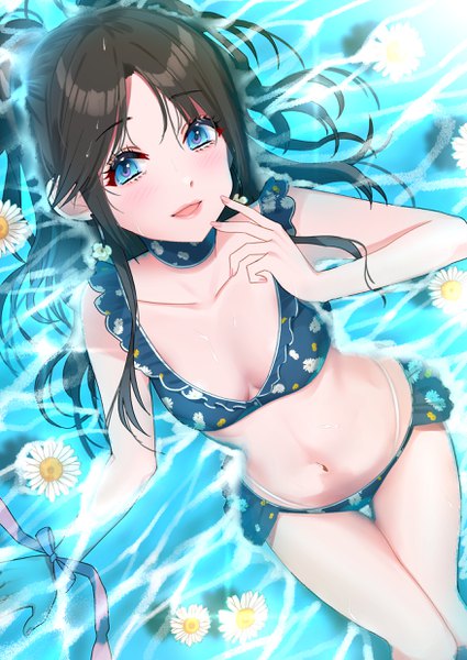 Anime picture 1756x2479 with idolmaster idolmaster shiny colors mitsumine yuika maou (demonlord) single long hair tall image looking at viewer blush fringe highres breasts open mouth blue eyes light erotic smile brown hair payot lying nail polish