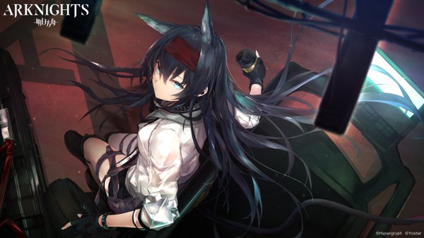 Anime picture 5760x3240 with arknights blaze (arknights) sakusyo single long hair looking at viewer fringe highres blue eyes black hair hair between eyes wide image animal ears absurdres from above official art copyright name girl gloves hairband
