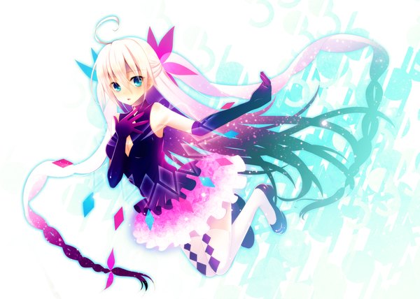 Anime picture 2067x1476 with original toorutsuki hajime single looking at viewer highres blue eyes blonde hair simple background twintails ahoge very long hair multicolored hair hand on chest gradient hair girl dress gloves elbow gloves shoes
