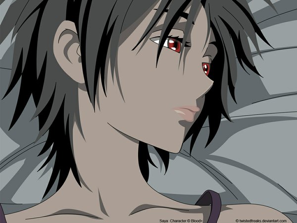 Anime picture 1024x768 with blood+ production i.g otonashi saya single short hair black hair red eyes vector girl