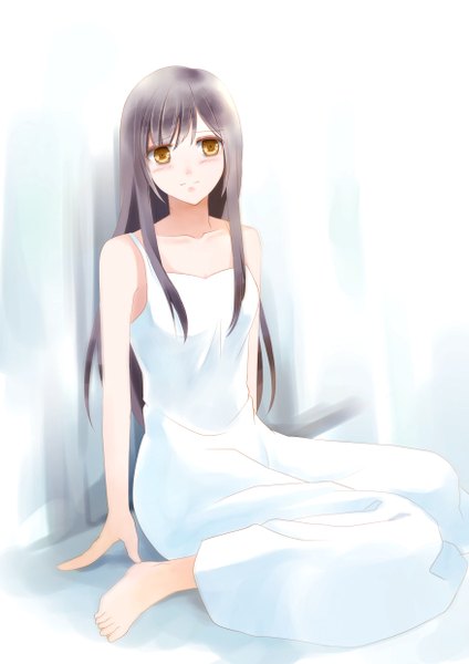 Anime picture 1754x2480 with original kona (shuu cream) long hair tall image looking at viewer blush highres black hair sitting bare shoulders brown eyes absurdres barefoot girl dress white dress