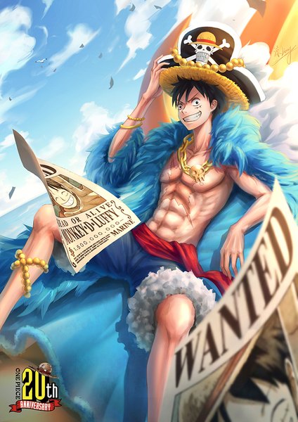 Anime picture 713x1008 with one piece toei animation monkey d. luffy liang jian single tall image looking at viewer fringe short hair black hair smile hair between eyes sitting signed sky cloud (clouds) outdoors arm up wind black eyes