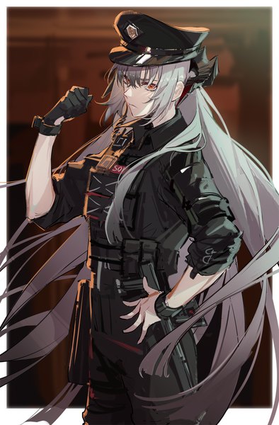 Anime picture 1000x1524 with arknights saria (arknights) saria (the law) (arknights) gui mi single tall image fringe hair between eyes red eyes standing silver hair very long hair horn (horns) hand on hip official alternate costume border girl gloves black gloves single glove