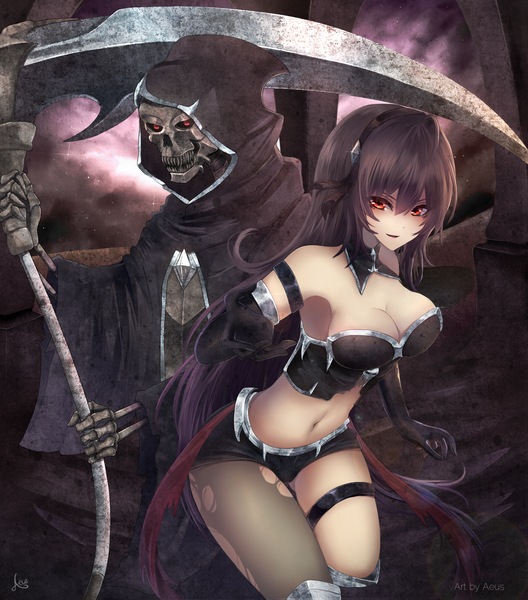 Anime picture 1352x1536 with original death (entity) grim reaper aeus single tall image looking at viewer fringe breasts light erotic hair between eyes red eyes brown hair large breasts standing bare shoulders holding signed cleavage very long hair