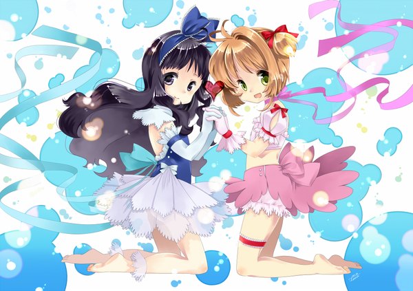 Anime picture 2000x1413 with card captor sakura clamp kinomoto sakura daidouji tomoyo asazuki kanai long hair highres short hair open mouth black hair blonde hair multiple girls green eyes ahoge black eyes loli two side up kneeling holding hands girl