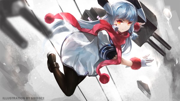 Anime picture 1323x744 with kantai collection murakumo destroyer swd3e2 single long hair looking at viewer red eyes wide image blue hair tress ribbon girl ribbon (ribbons) weapon hair ribbon pantyhose shoes scarf sailor suit