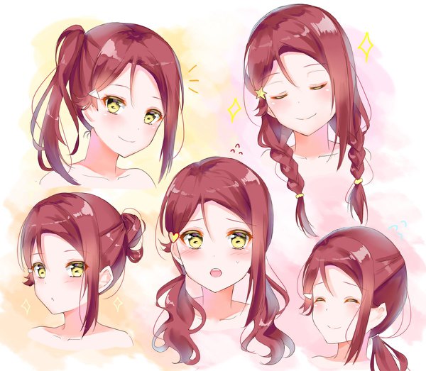 Anime picture 1200x1046 with love live! sunshine!! sunrise (studio) love live! sakurauchi riko lemon t long hair looking at viewer blush open mouth simple background smile twintails yellow eyes ponytail red hair braid (braids) eyes closed hair bun (hair buns) twin braids low twintails