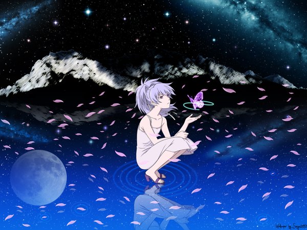 Anime picture 1600x1200 with darker than black studio bones yin (darker than black) single short hair purple eyes silver hair purple hair reflection squat girl petals insect butterfly moon star (stars) sundress full moon