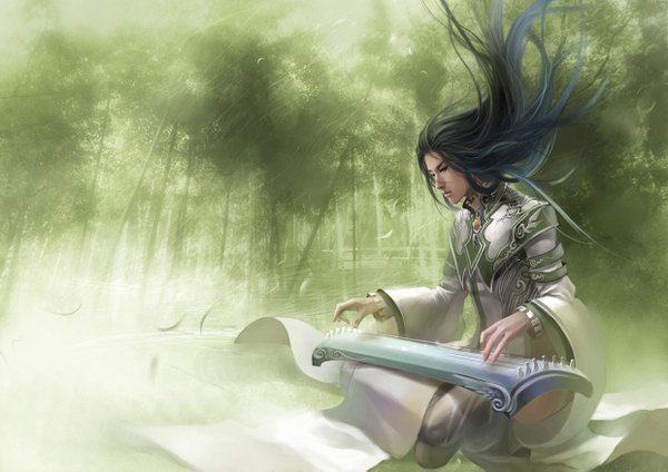 Anime picture 1240x877 with original heise (artist) long hair black hair wind realistic green background boy plant (plants) tree (trees) leaf (leaves) forest musical instrument bamboo