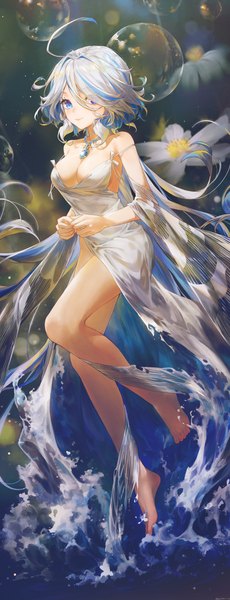 Anime picture 3000x7822 with genshin impact furina (genshin impact) swkl:d single long hair tall image looking at viewer fringe highres breasts blue eyes light erotic smile large breasts bare shoulders silver hair full body ahoge bent knee (knees) multicolored hair