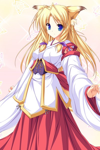 Anime picture 800x1200 with inakoi kamishiro mutsuki tenmaso single long hair tall image looking at viewer blue eyes blonde hair animal ears game cg ahoge tail traditional clothes japanese clothes animal tail wide sleeves fox ears fox tail fox girl