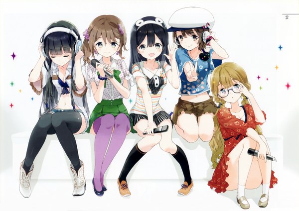 Anime picture 3017x2135 with dj max tiv long hair looking at viewer blush fringe highres short hair open mouth light erotic smile white background sitting multiple girls brown eyes green eyes absurdres eyes closed light smile scan