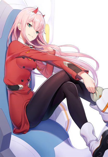 Anime picture 832x1200 with darling in the franxx studio trigger zero two (darling in the franxx) ririko (zhuoyandesailaer) single long hair tall image looking at viewer fringe simple background hair between eyes white background sitting green eyes pink hair bent knee (knees) long sleeves light smile crossed legs floating hair