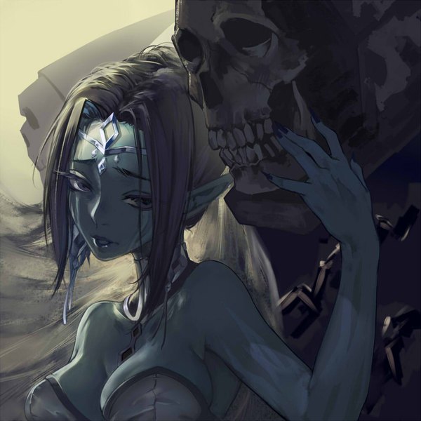 Anime picture 1000x1000 with original kusa (adrian1119) long hair breasts bare shoulders nail polish parted lips head tilt fingernails lips pointy ears grey eyes elf hand on face skeleton grey skin girl necklace skull