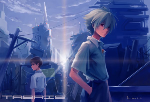 Anime picture 2000x1361 with neon genesis evangelion gainax ikari shinji nagisa kaworu tyc001x looking at viewer fringe highres short hair blue eyes black hair smile hair between eyes red eyes standing signed sky silver hair cloud (clouds) outdoors