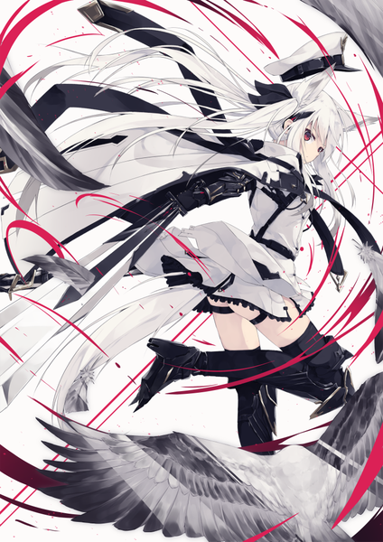 Anime picture 744x1053 with original nagishiro mito single long hair tall image looking at viewer fringe light erotic simple background red eyes white background twintails animal ears payot silver hair bent knee (knees) tail animal tail looking back high heels