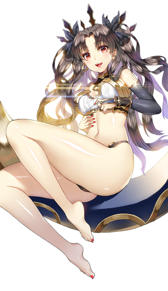 Anime picture 700x1206 with fate (series) fate/grand order ishtar (fate) ruhee single long hair tall image looking at viewer blush open mouth light erotic black hair simple background smile red eyes white background sitting bare shoulders payot full body