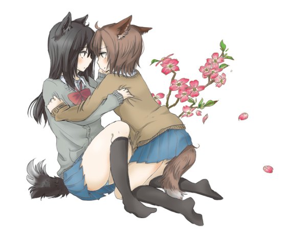 Anime picture 800x600 with original fuwayu long hair blush short hair open mouth light erotic black hair simple background brown hair white background sitting multiple girls animal ears tail animal tail pleated skirt kneeling shoujo ai eye contact