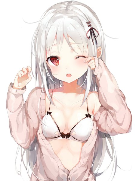 Anime picture 1545x2048 with original umibouzu (niito) single long hair tall image looking at viewer blush open mouth light erotic simple background red eyes white background ahoge white hair one eye closed open clothes hand on face albino girl hair ornament